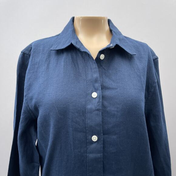 J. Crew Top Women 4 = S Navy Blue Biard McNutte Linen Slim Fit Button Up Shirt - Picture 2 of 11